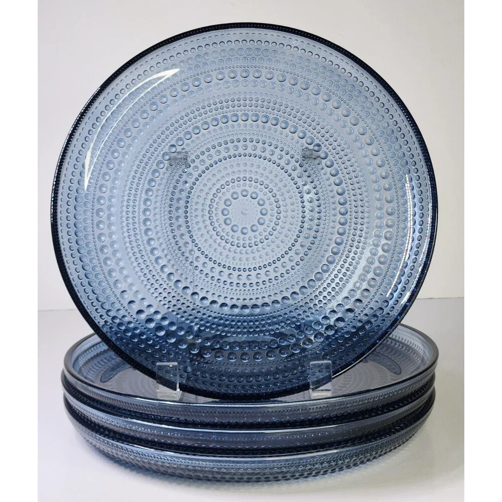 Set of 4 Iittala Kastehelmi Blue Rain Plates Oiva Toikka 9 5/8